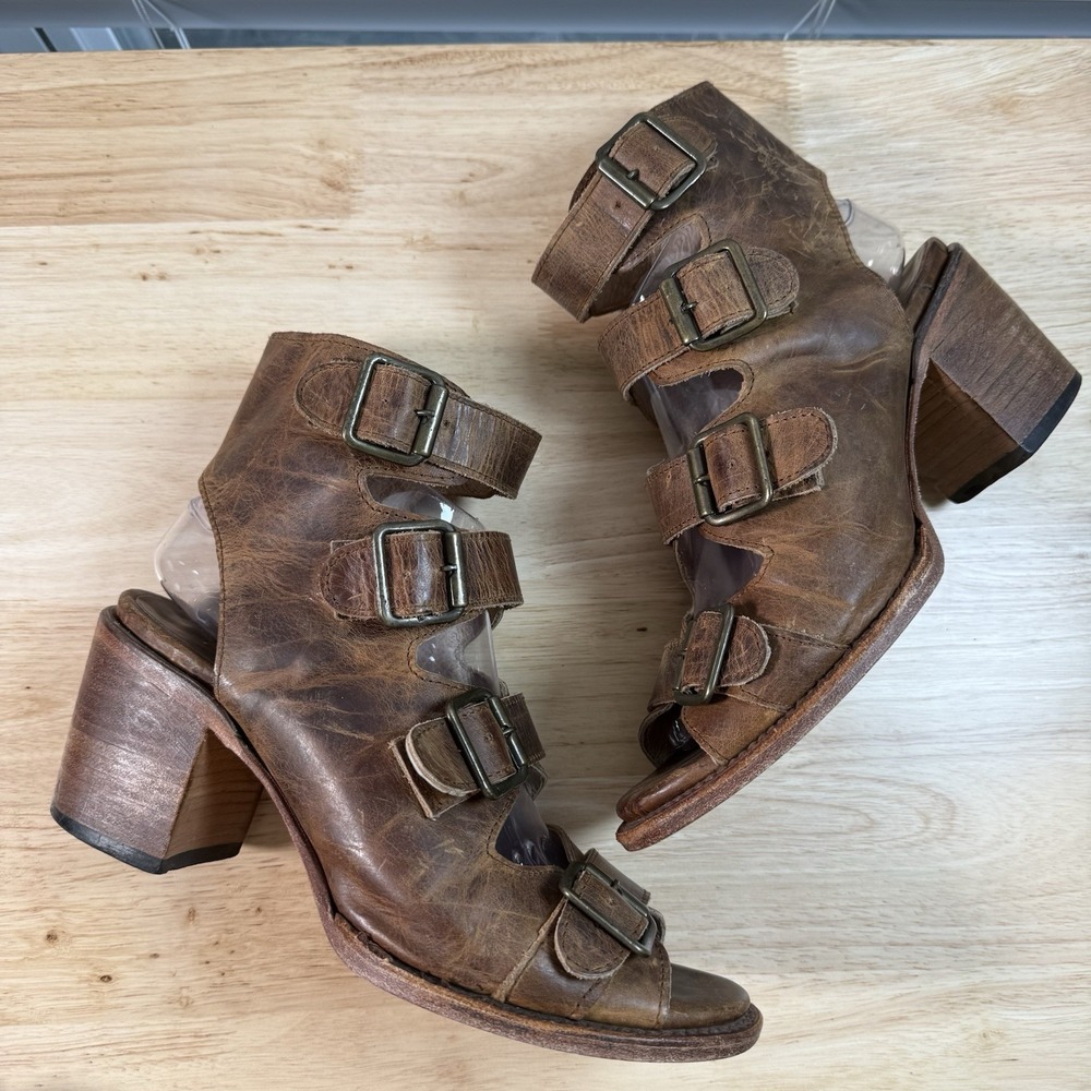 Freebird by Steven Quail Strappy Heeled Sandals Brown Size 8 Leather Stacked Tan